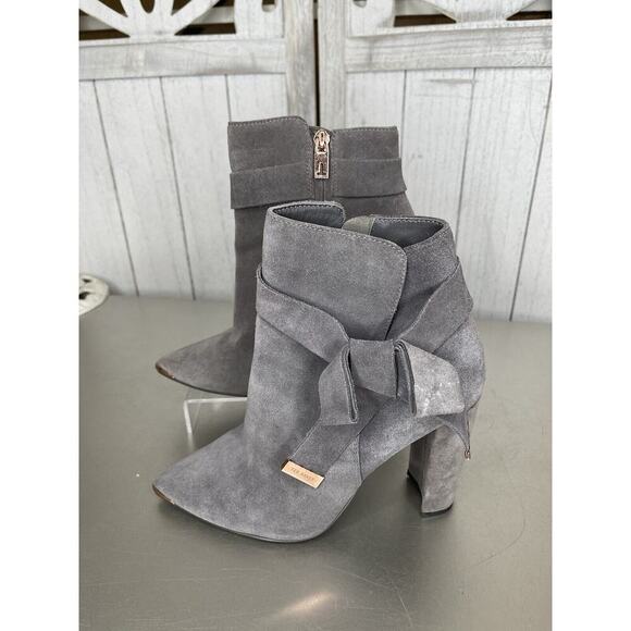 Ted Baker Ankle Boots Bow Accent Women Booties Leather Suede Gray Size 37 US 6 - Picture 1 of 8